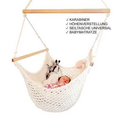 Babyschwinger-Set-Plus. con regolazione in altezza senza trapunta con moschettone, borsa a corda universale, materasso bambino
