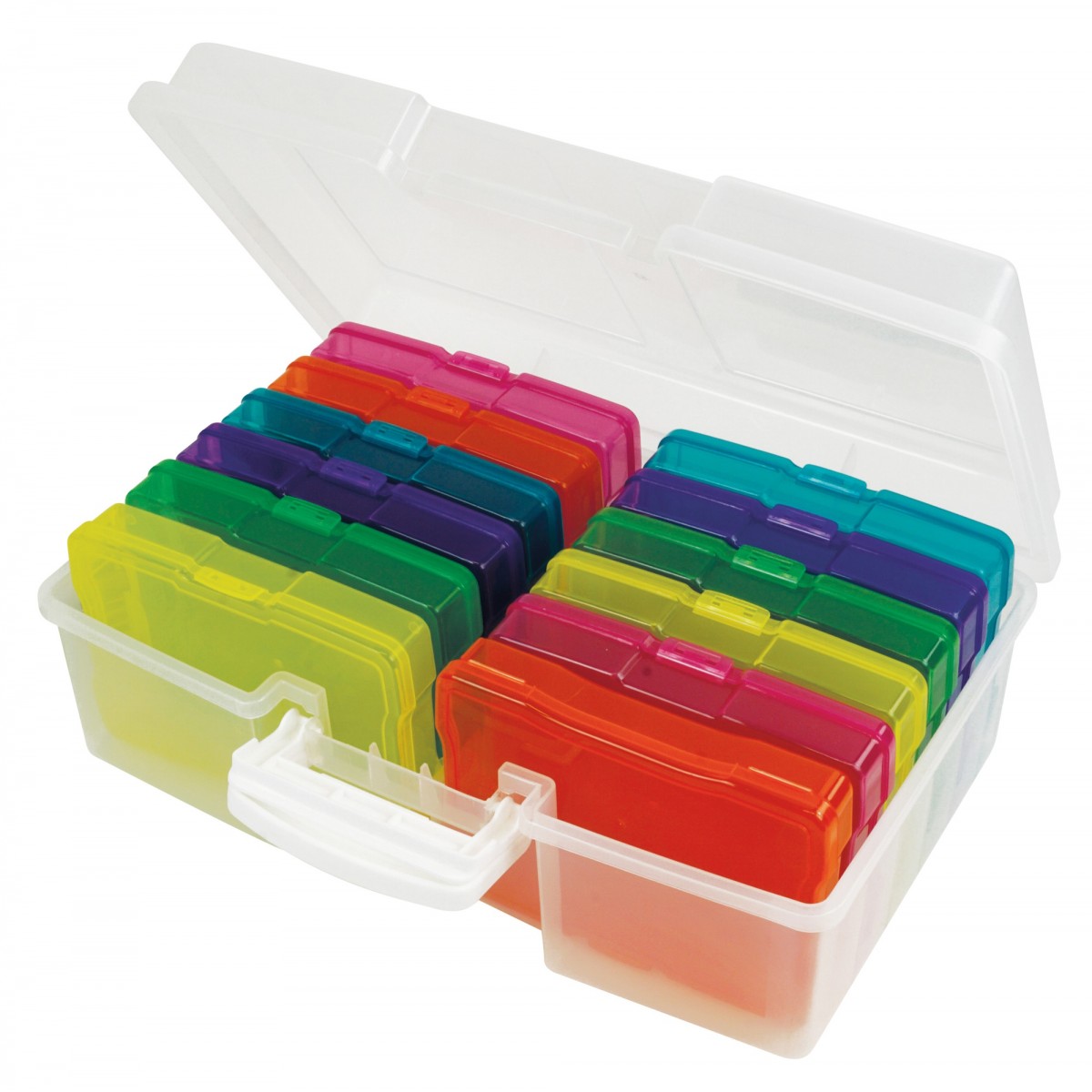 Durchsichtiger Koffer, gefüllt mit 12 farbitransparenten Dosen.